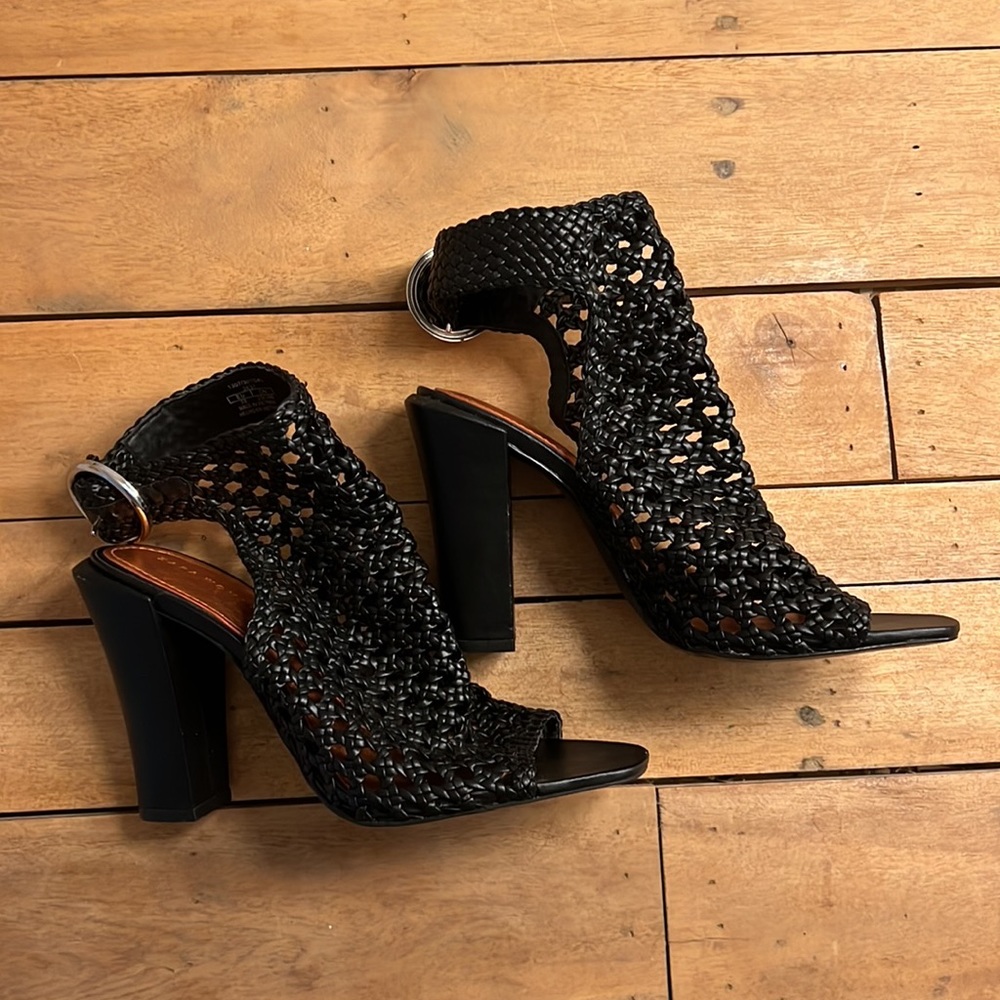 ZARA WOMAN Black Braided Caged Open Toe Sandals 7.5 Ankle Strap Open Heel